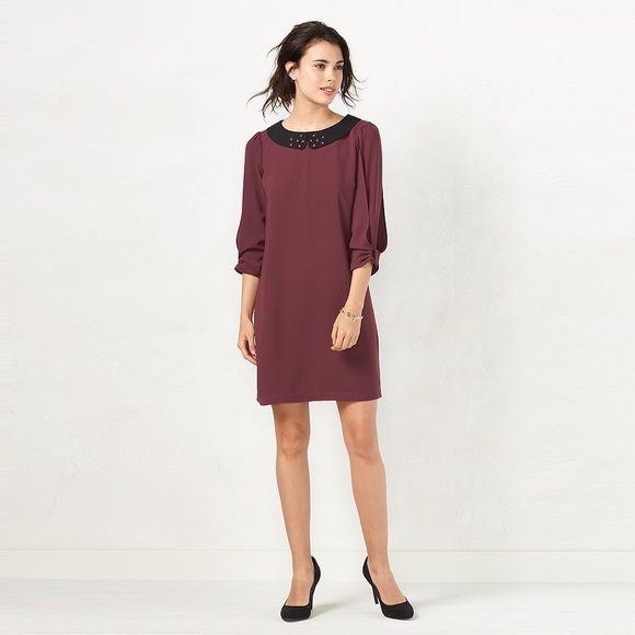 LC Lauren Conrad Embellished Crepe Beaded-Collar Shift Dress Size XS Bow Sleeve - Picture 3 of 11